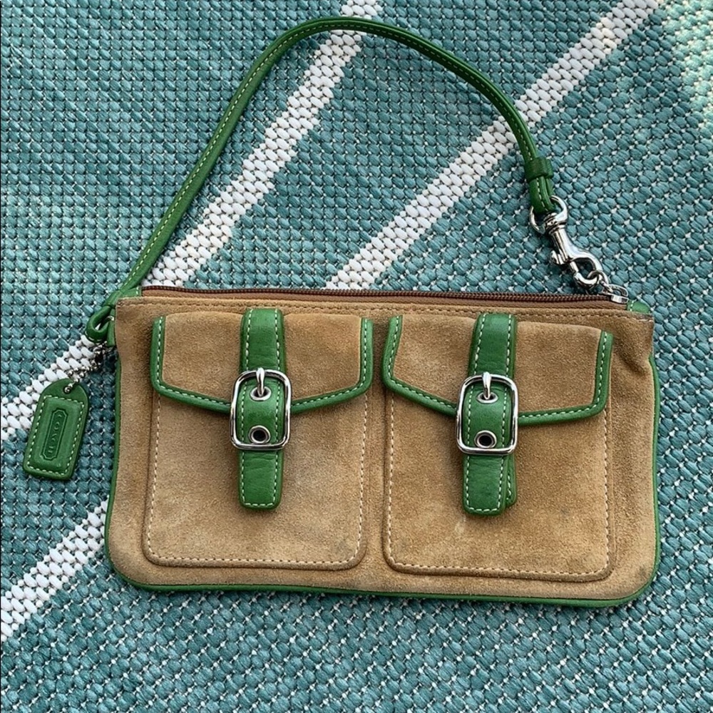 Coach Tan Green Leather Wristlet
